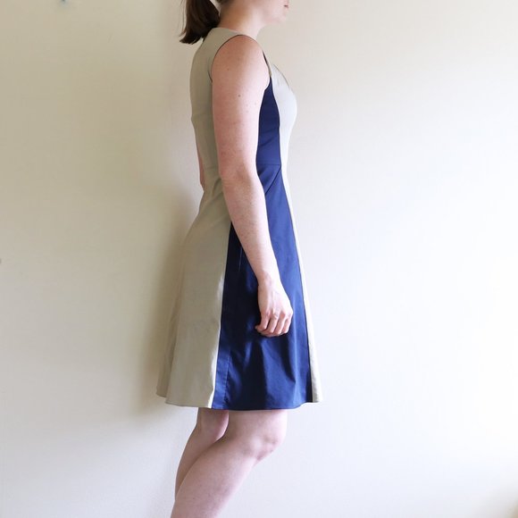 Elie Tahari Navy Blue and Sand Fit and Flare Dress - Picture 1 of 9